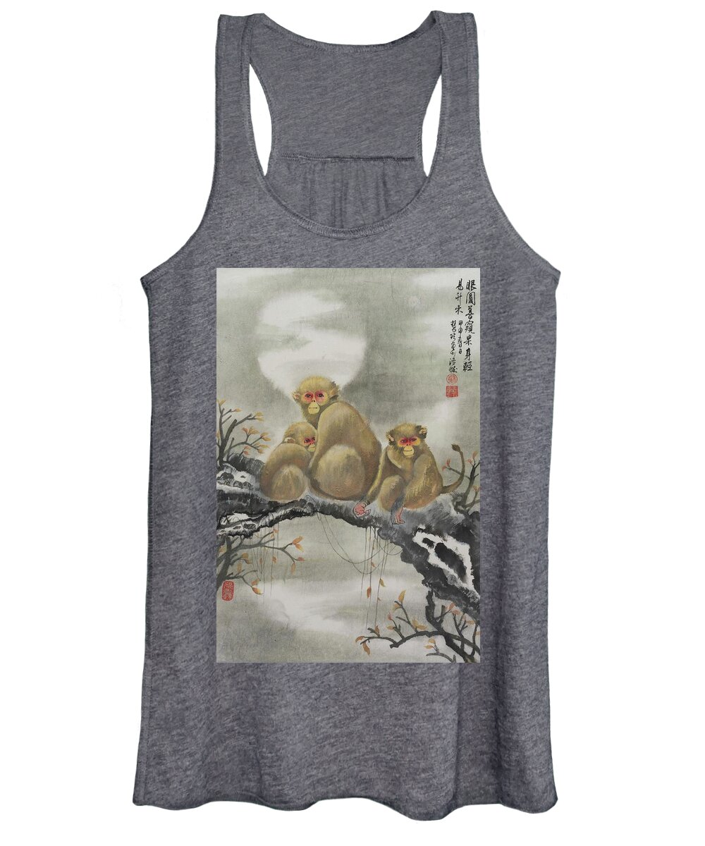 Chinese Watercolor Women's Tank Top featuring the painting Monkey Family by Jenny Sanders