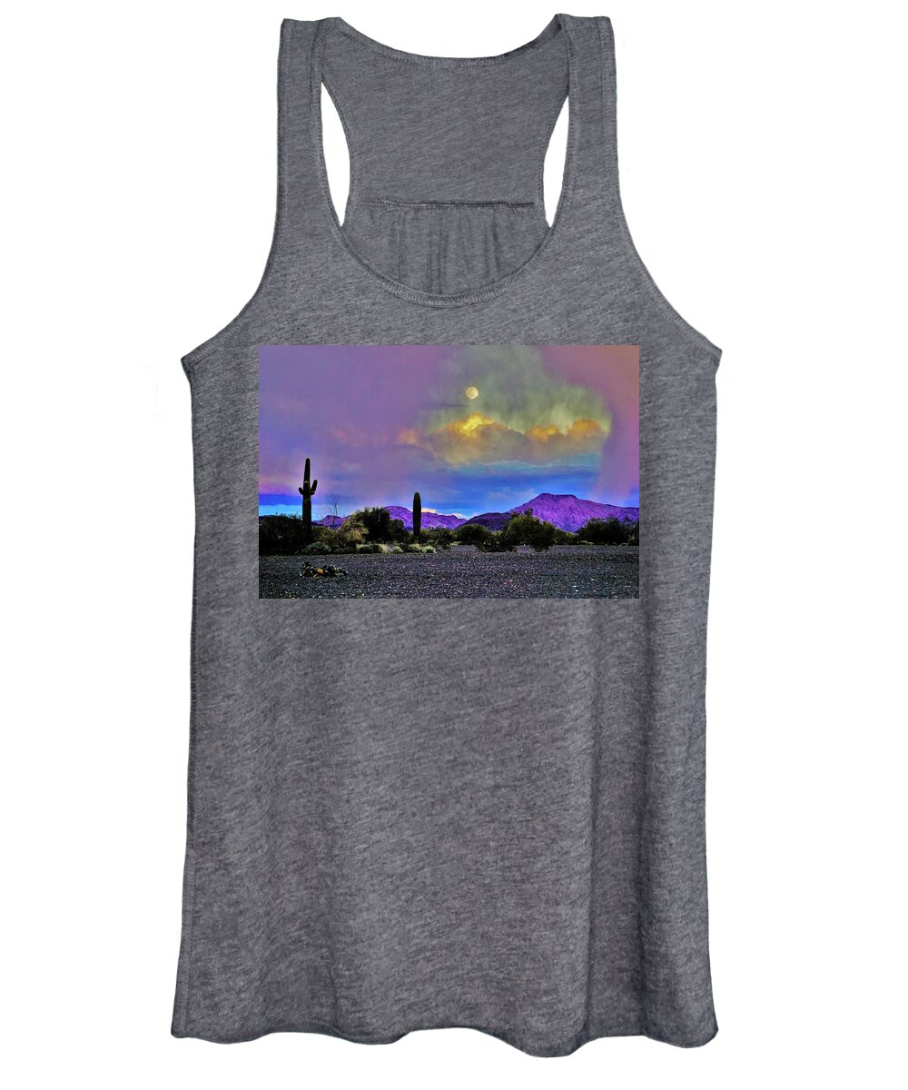 Rain Women's Tank Top featuring the photograph Moon at Sunset in the Desert by Tranquil Light Photography