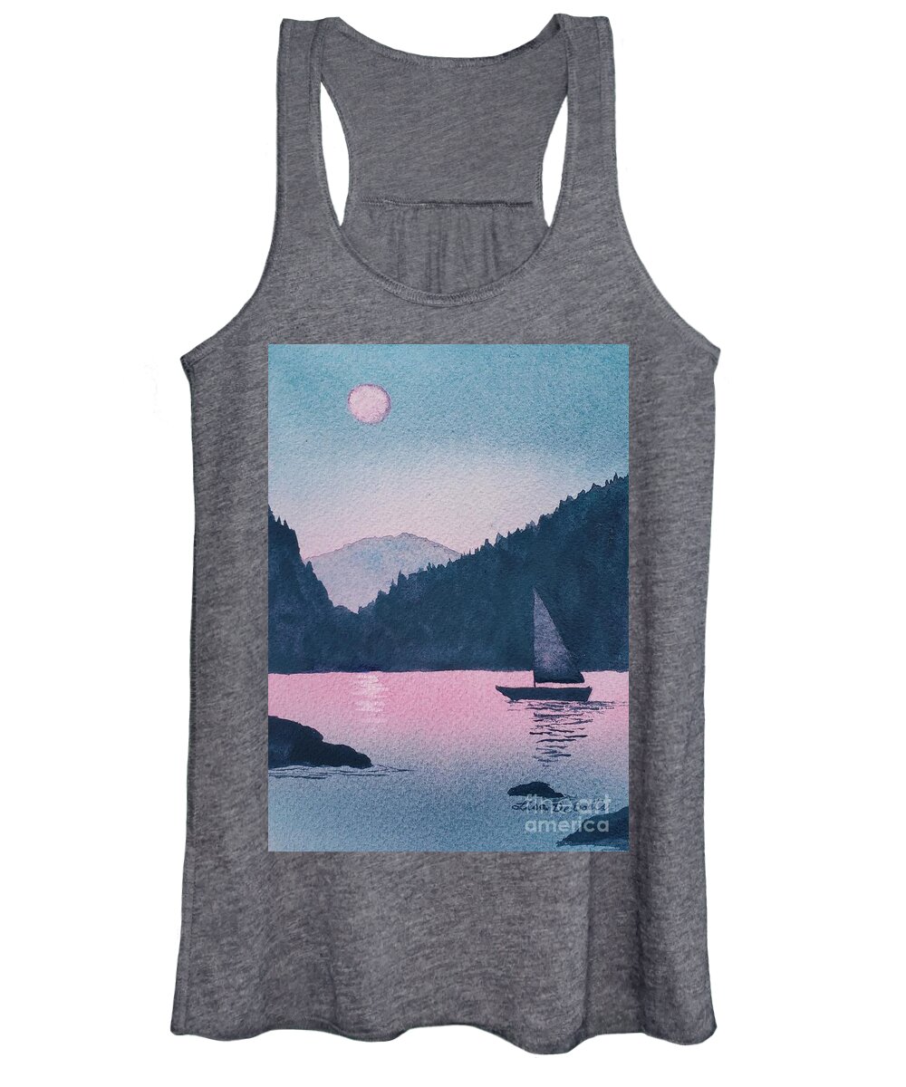 Sailboat Greeting Women's Tank Top featuring the painting Moonlit Sails by Lisa Debaets