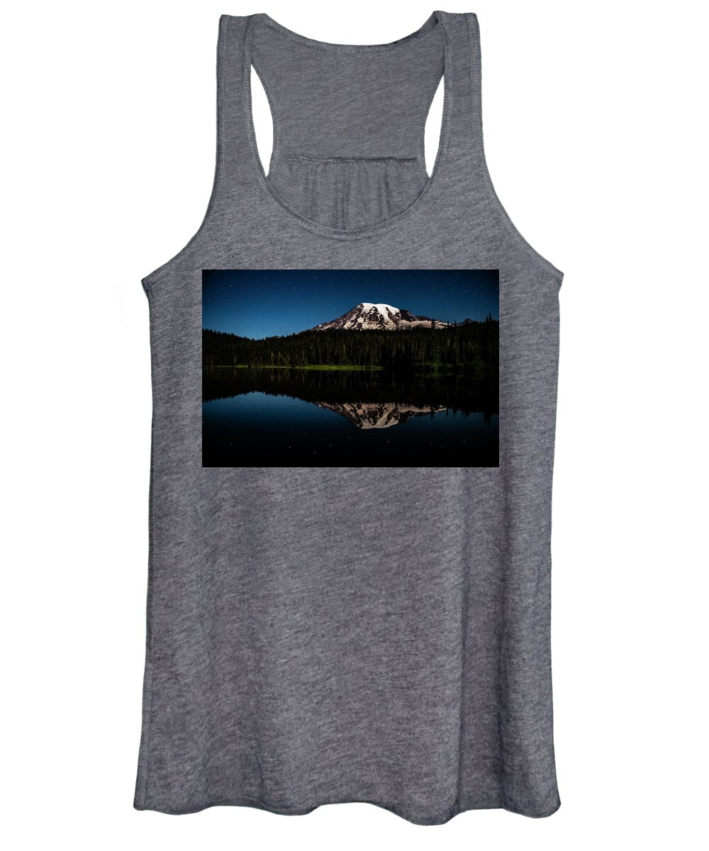 Mt. Rainier Women's Tank Top featuring the pyrography Mt. Rainier and Reflection Lake by Yoshiki Nakamura