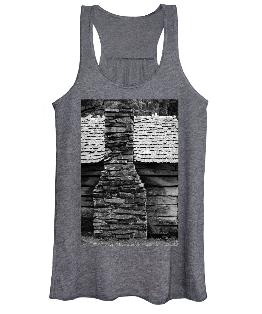 Stone Women's Tank Top featuring the photograph Old Smokes Black and White Stone Chimney by T Lynn Dodsworth