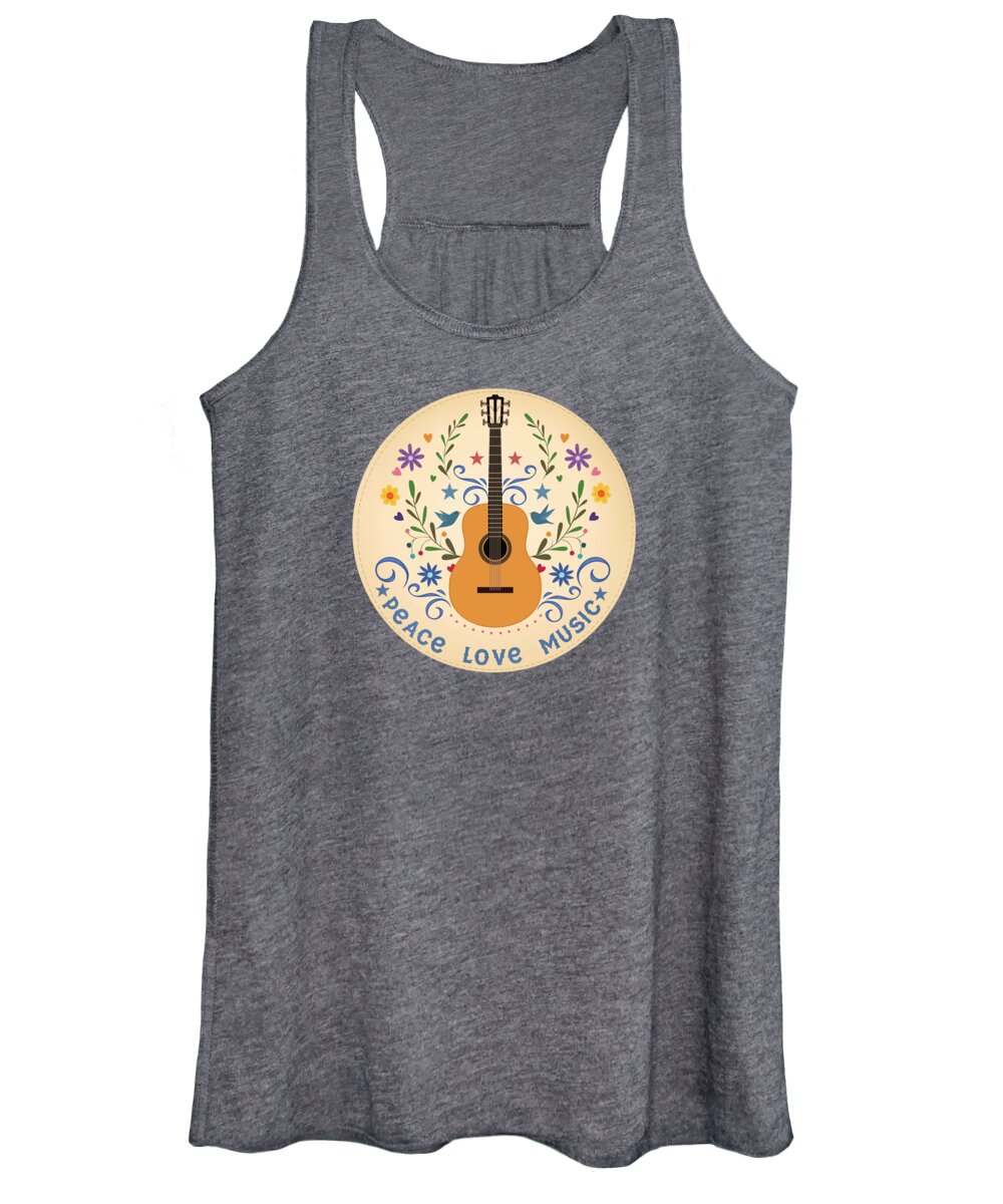 Embroidered Women's Tank Top featuring the painting Peace Love And Music Folk Guitar Badge by Little Bunny Sunshine