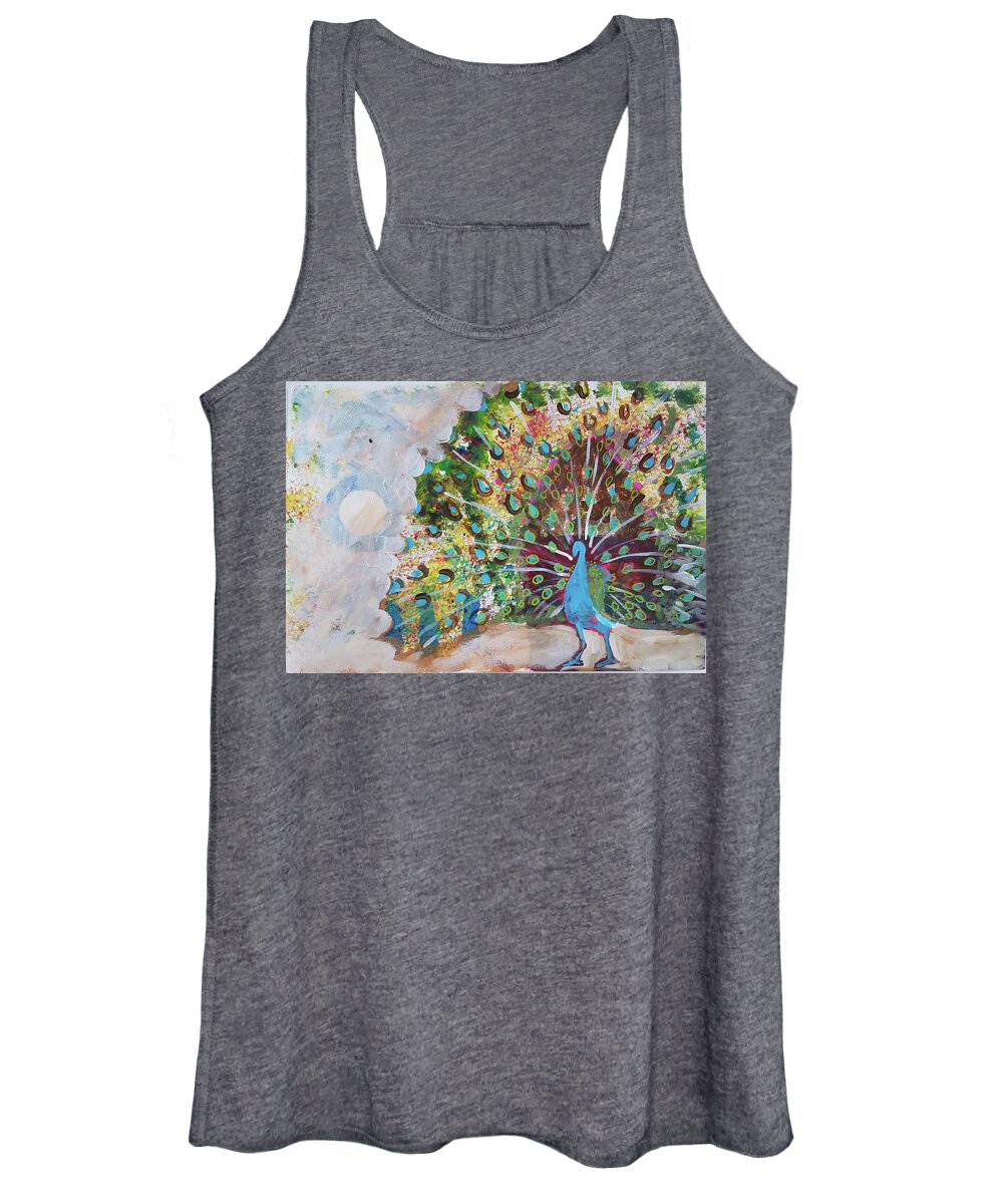 Peacock Women's Tank Top featuring the painting Peacock in Morning Mist by Tilly Strauss