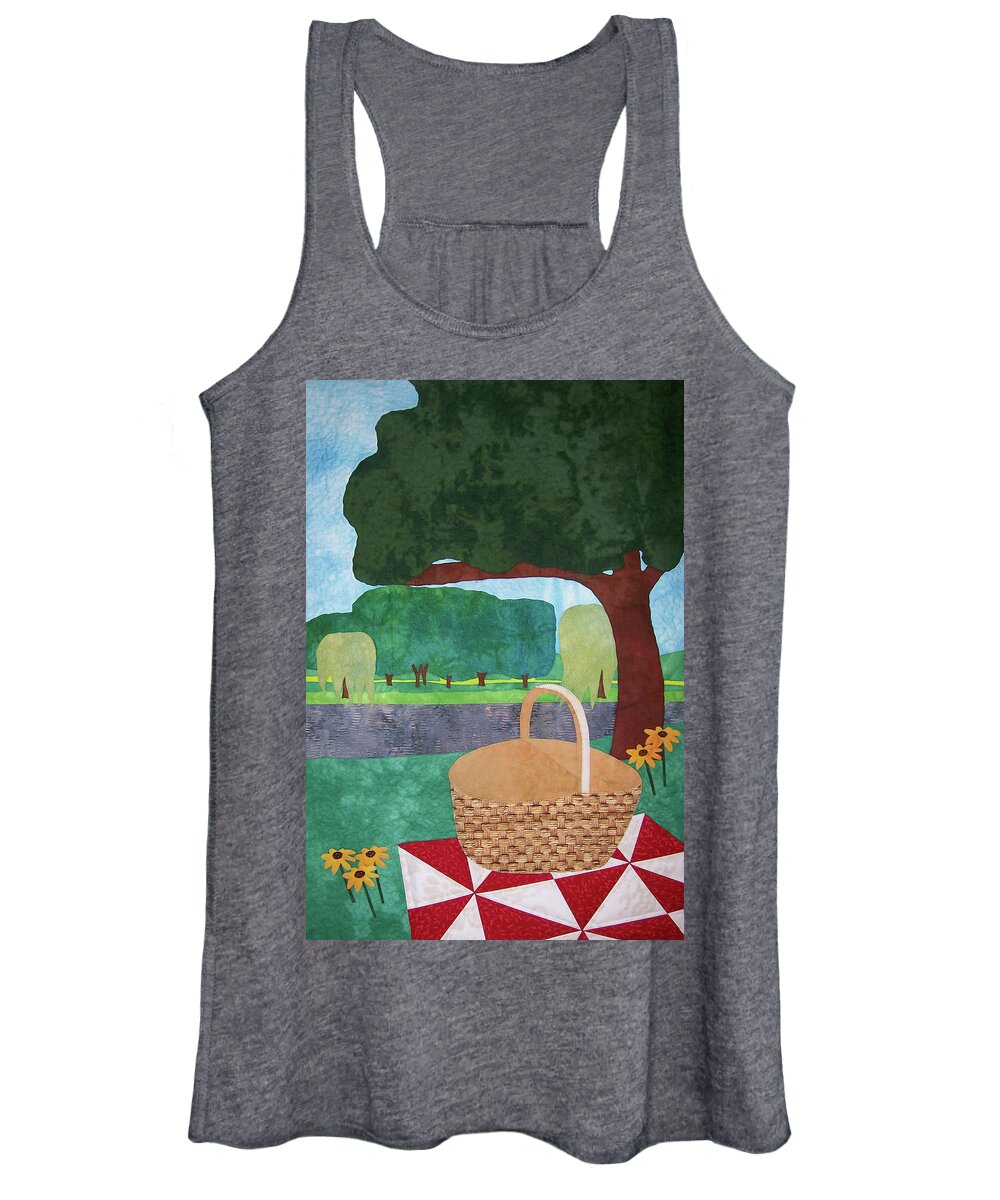 Art Quilt Women's Tank Top featuring the tapestry - textile Picnic at Ellis Pond by Pam Geisel
