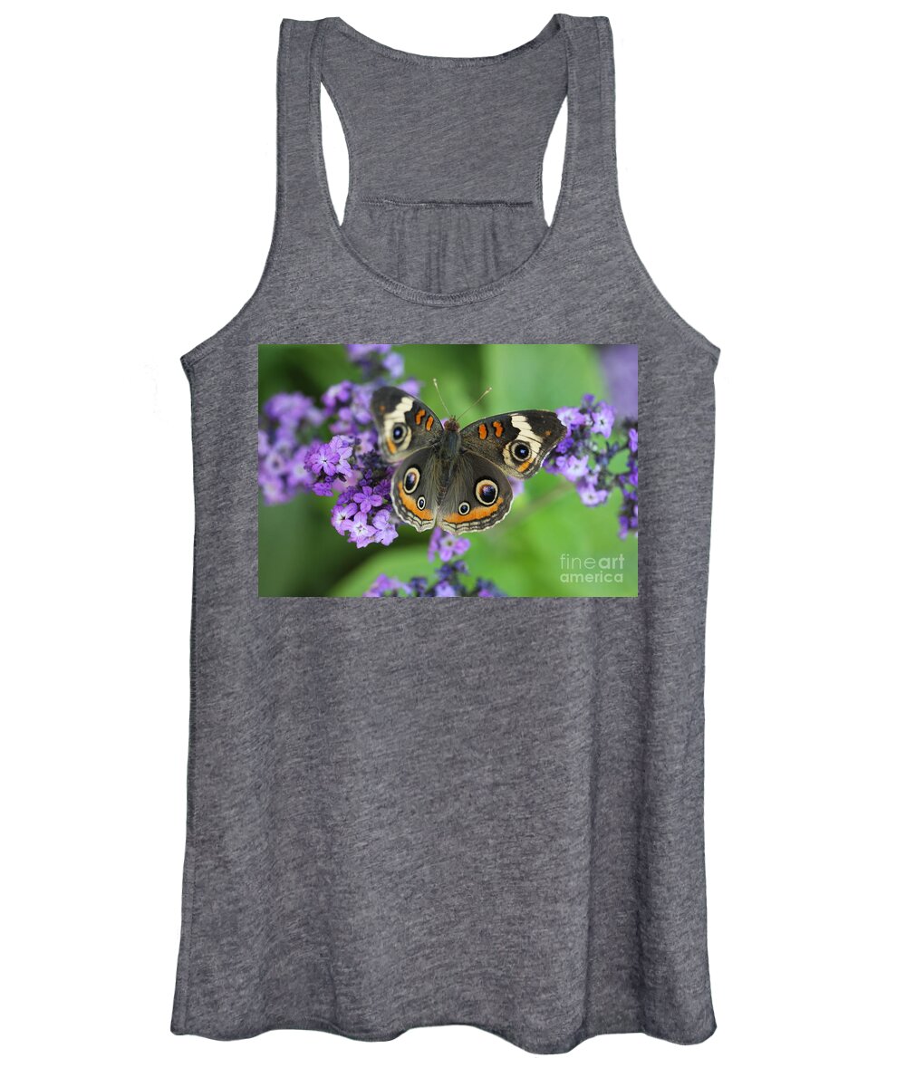 Buckeye Butterfly With Purple Flowers Women's Tank Top featuring the photograph Purple Flowers and Butterfly by Terri Brewster