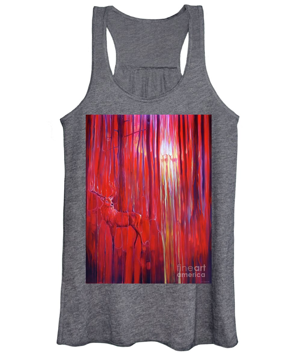Red Paintings Women's Tank Top featuring the painting Red Forest Calls - original red oil painting with red deer in a red forest by Gill Bustamante