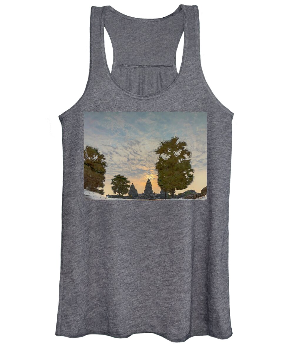 Ancient Women's Tank Top featuring the photograph Reflection of sunrise in Angkor Wat by Karen Foley
