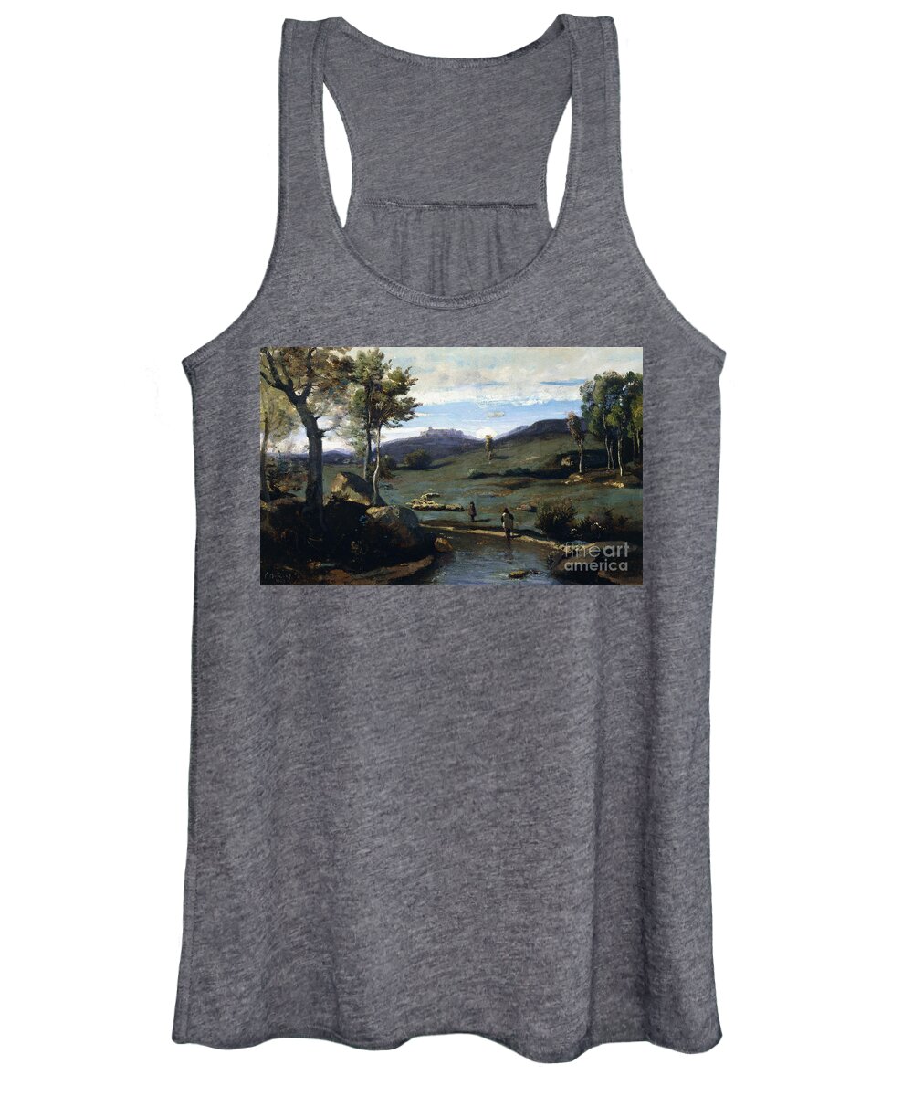 19th Century Women's Tank Top featuring the painting Roman Countryside - Rocky Valley With A Herd Of Pigs, 1843 by Jean Baptiste Camille Corot