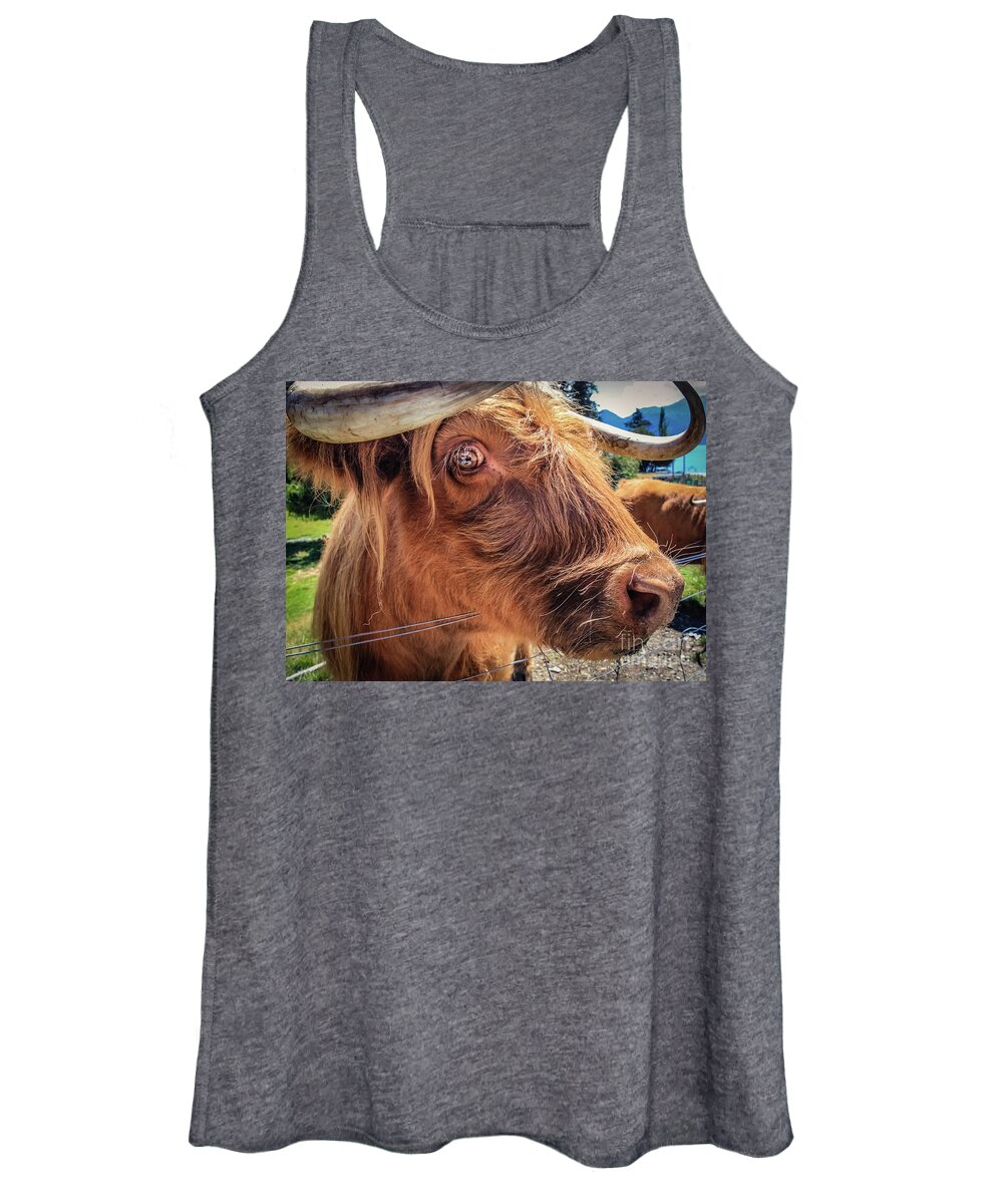 Animal Women's Tank Top featuring the photograph Scottish highland cow portrait by Lyl Dil Creations