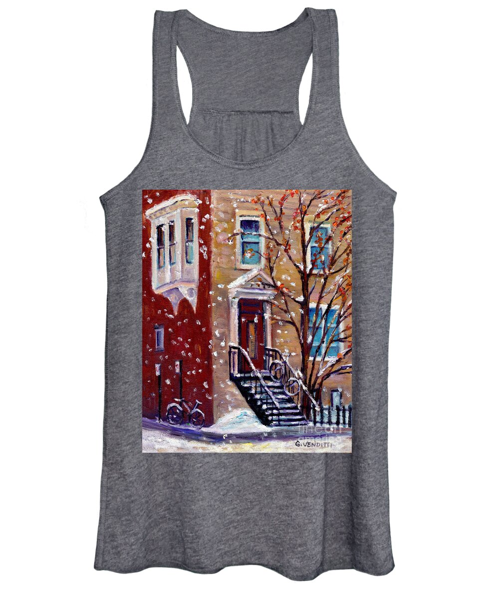 Montreal Women's Tank Top featuring the painting Snowy Milton Park House Montreal Winter Scenes Downtown Vintage Architecture Painting Grace Venditti by Grace Venditti
