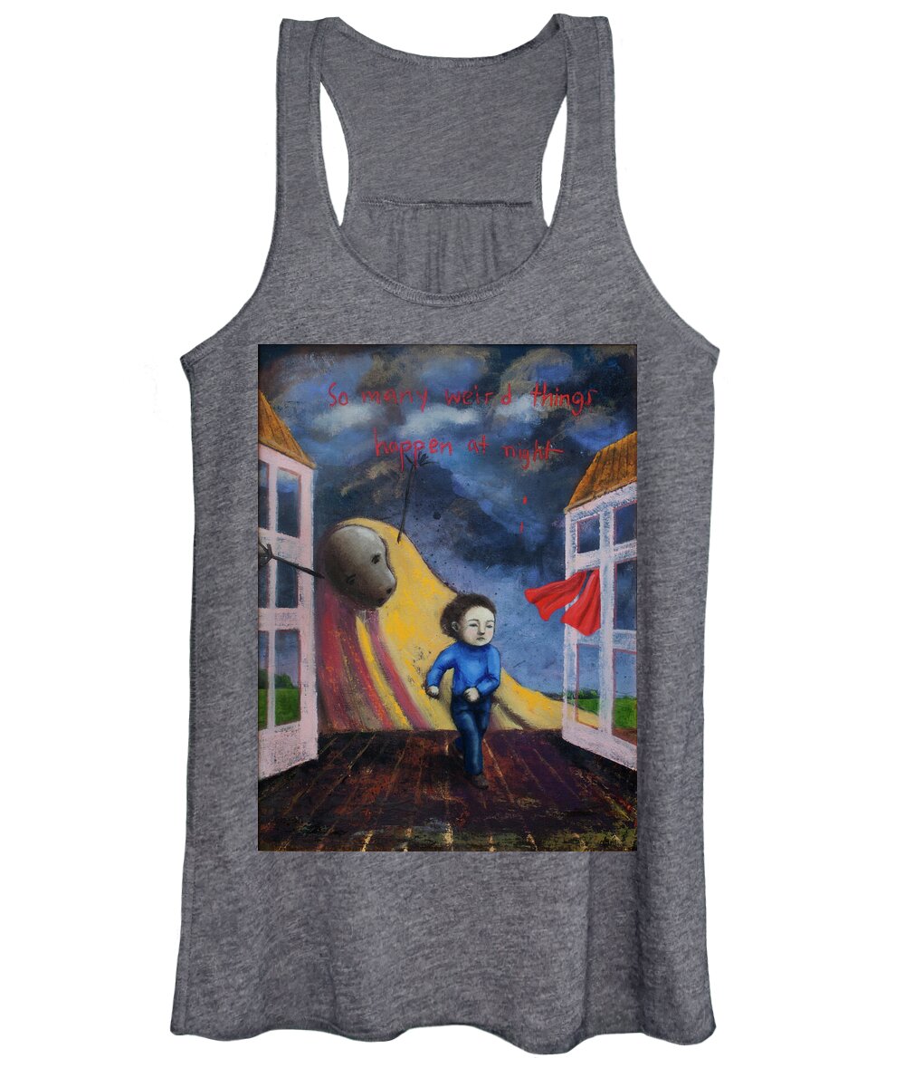 Text Women's Tank Top featuring the painting So Many Weird Things Happen at Night by Pauline Lim