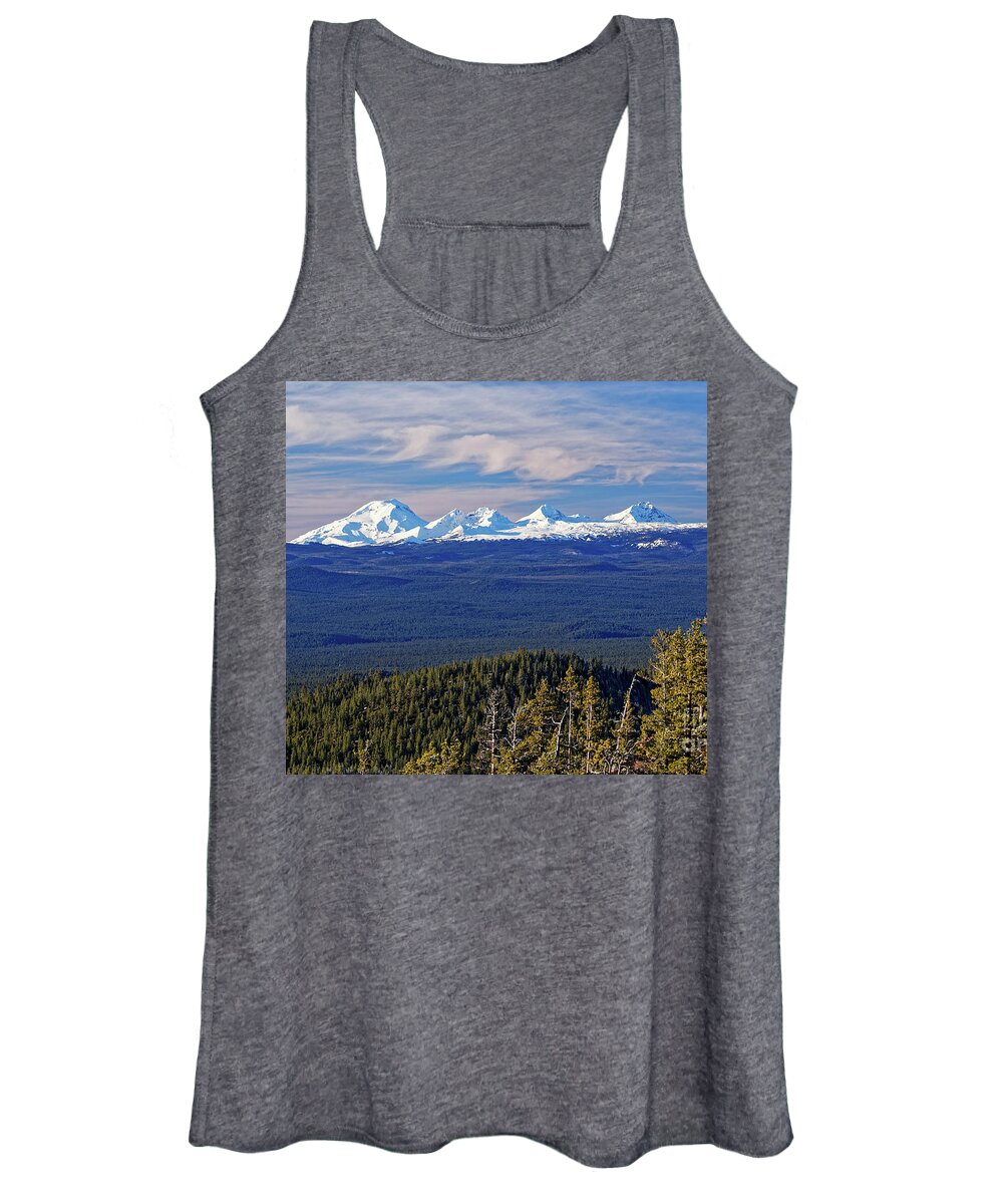 Central Oregon Cascade Mountains Women's Tank Top featuring the photograph South Middle North Sisters and Broken Top Mts in distant snowy Cascade Mountains Oregon USA by Robert C Paulson Jr