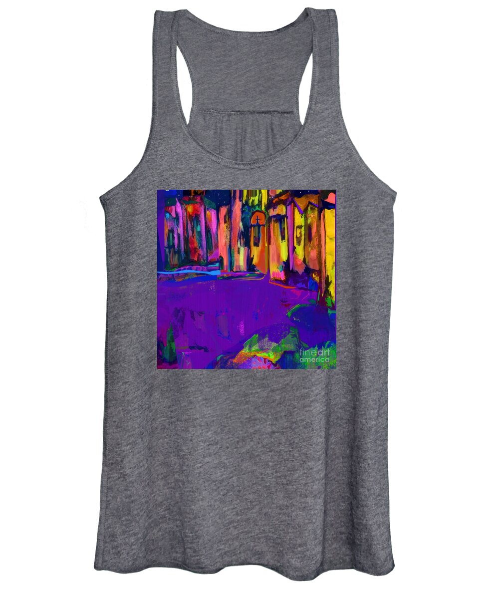 Square Women's Tank Top featuring the mixed media Good Night Santa Fe in Lavender and Gold by Zsanan Studio
