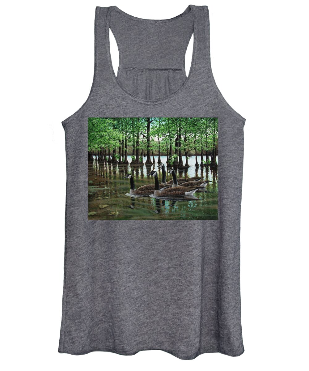 Geese Women's Tank Top featuring the painting Summer Among the Cypress by Anthony J Padgett