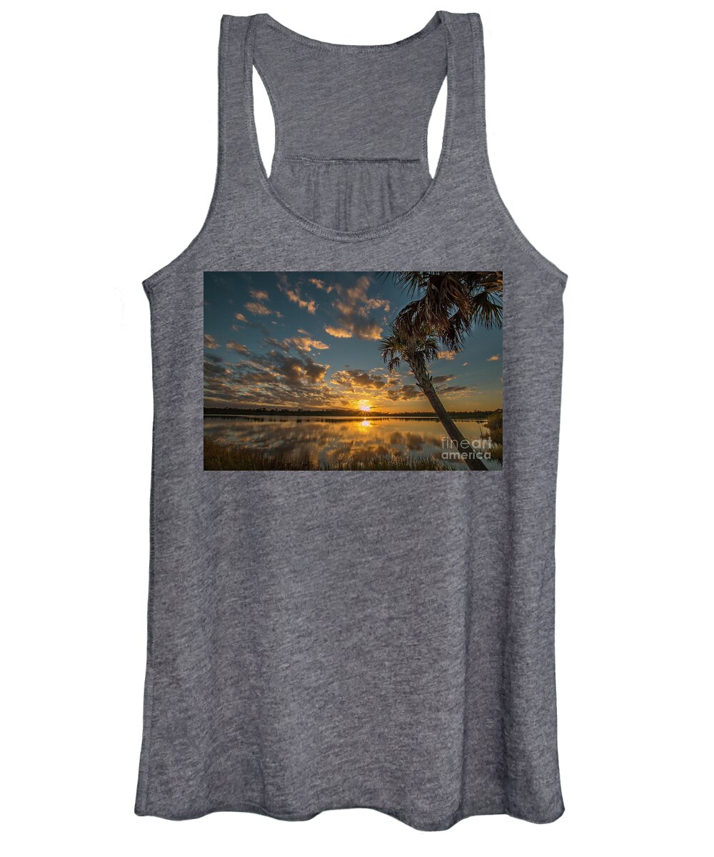 Sun Women's Tank Top featuring the photograph Sunset on the Pond by Tom Claud