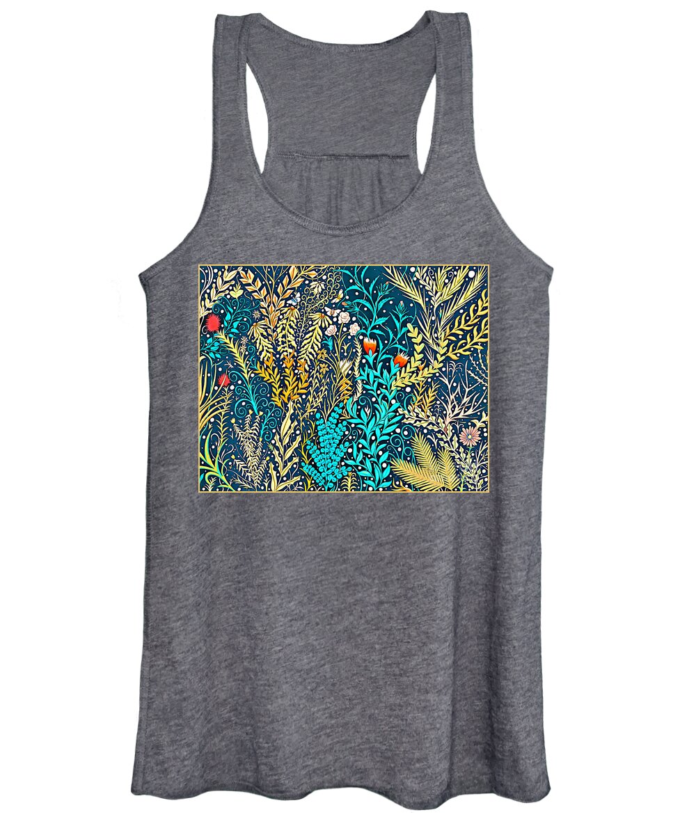Lise Winne Women's Tank Top featuring the mixed media Tapestry and Home Decor Design in Dark Navy Blue with Yellow and Turquoise Foliage by Lise Winne