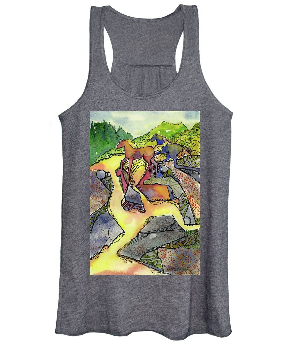 Tevis Women's Tank Top featuring the painting Tevis Ponies by Joan Chlarson
