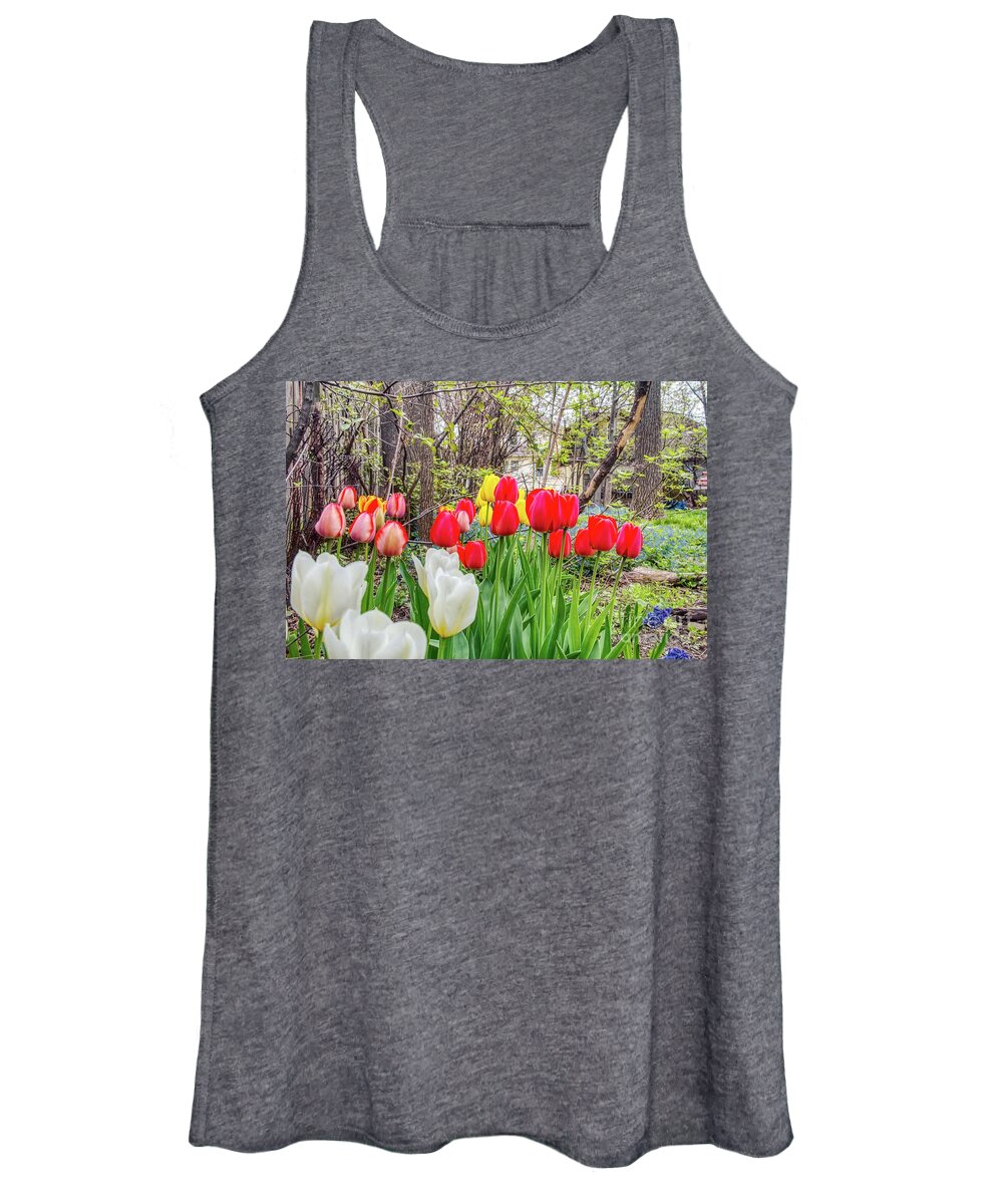 #flowers #tulips #spring #springtime #warm #sunny #photographer #instagood #hdr #highdynamicrange #skylum #aurorahdr2019 #nature #naturephotography #naturephotographer #garden #summer #seasons #picoftheday #imageoftheday #photo #thegreatoutdoors #wanderlust #postoftheday #outdoors #red #yellow Women's Tank Top featuring the photograph The tulips are out. by Jim Lepard