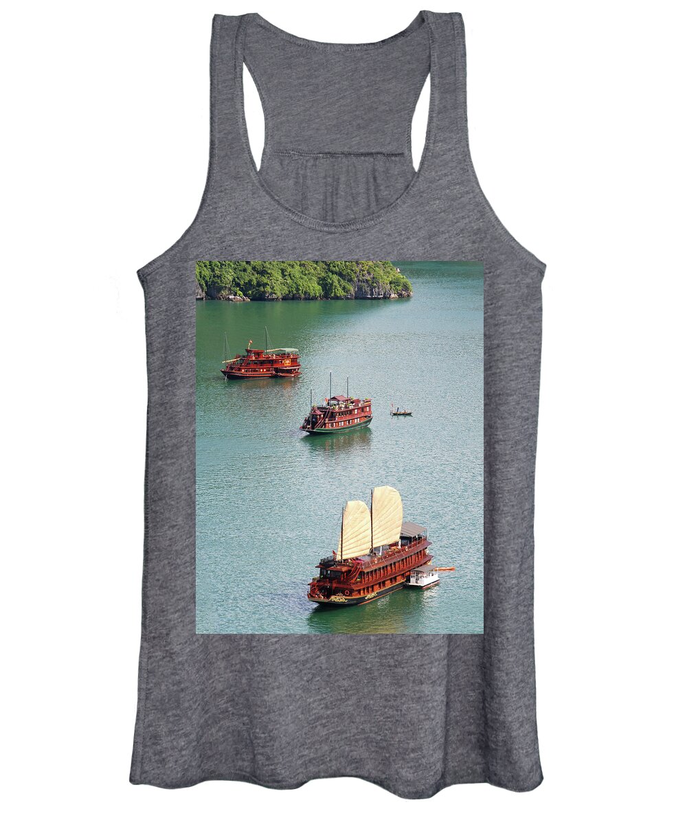 Seascape Women's Tank Top featuring the photograph Tourist wooden Boats at Halong Bay Vietnam by Michalakis Ppalis