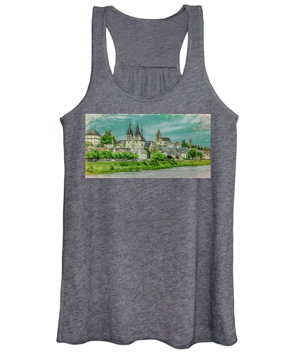 View From The Bridge Women's Tank Top featuring the photograph Tours Skyline, Vintage Painterly Version by Marcy Wielfaert