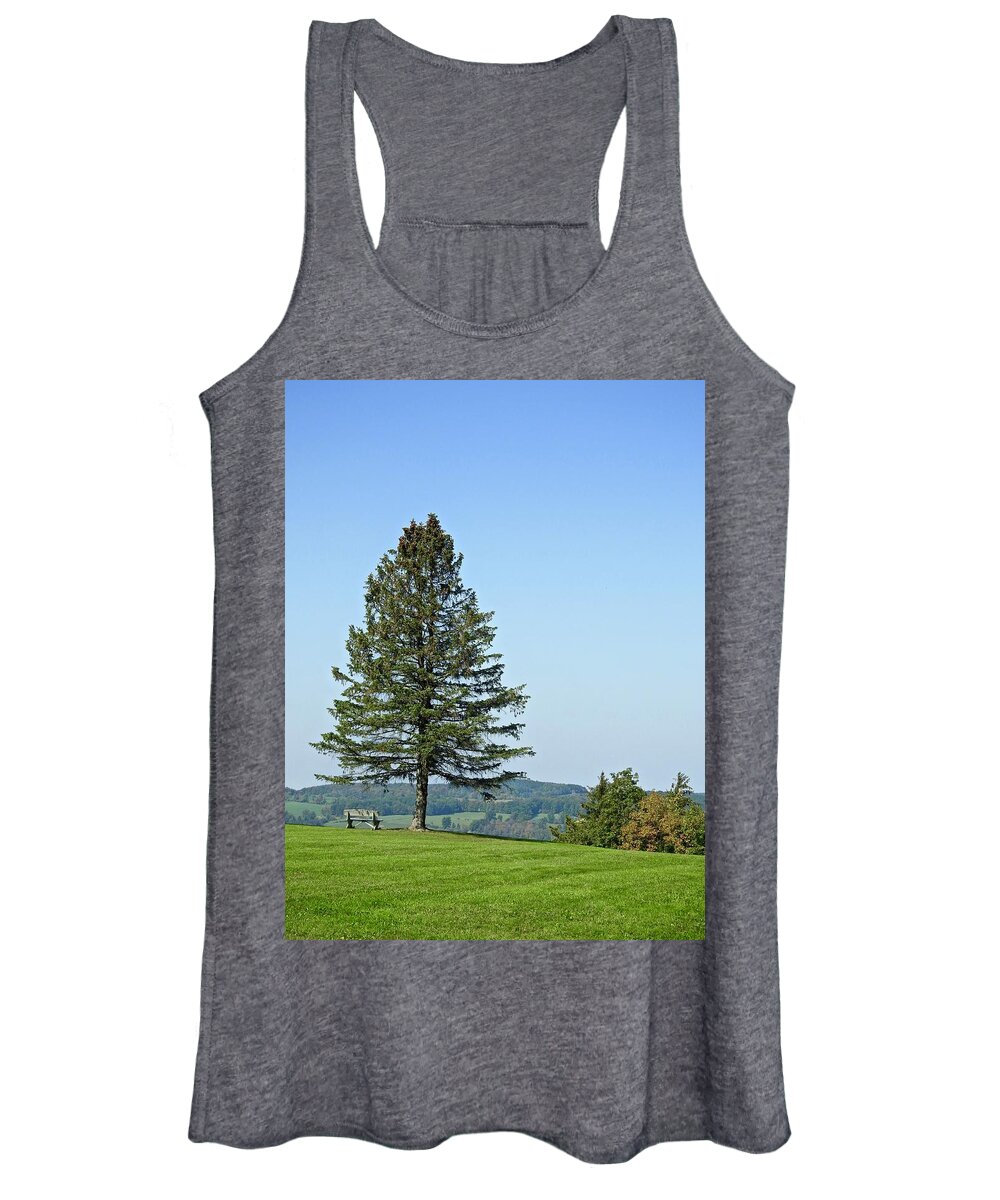 Tree Women's Tank Top featuring the photograph Tree Bench With A View by Kathy Chism