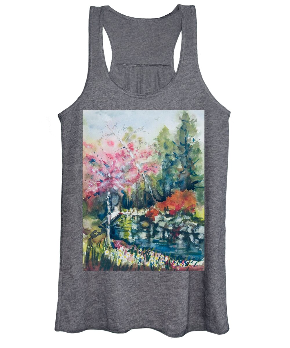 Cherry Blossoms Women's Tank Top featuring the painting Van Dusen Spring Views by Sonia Mocnik