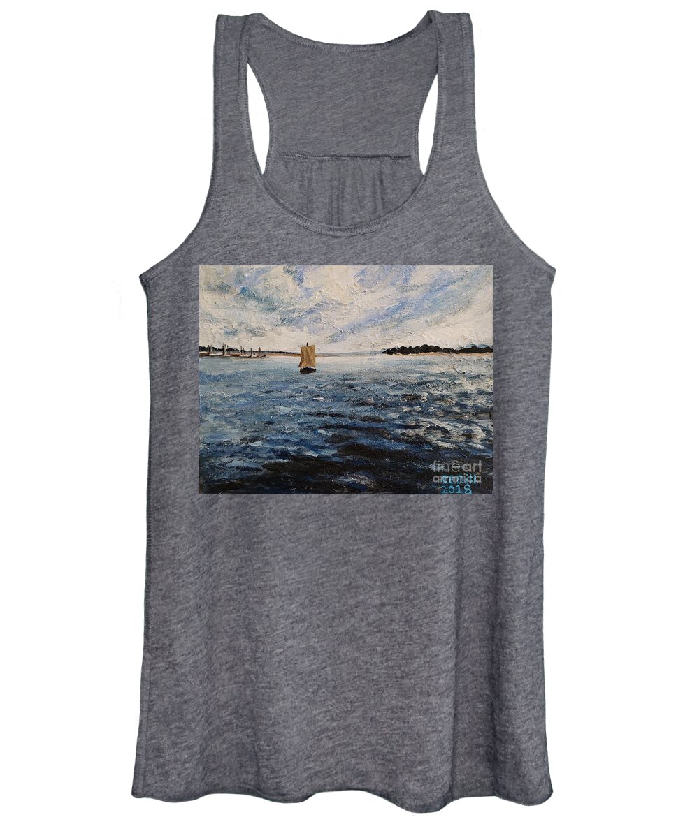 Blue Women's Tank Top featuring the painting Vikingship on the Roskilde fjord, Denmark by C E Dill