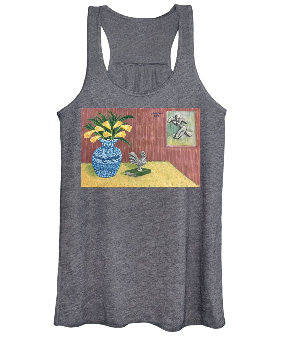 Ricardosart37 Women's Tank Top featuring the painting Yellow Daffodils in a Water Dragon Vase by Ricardo Penalver deceased