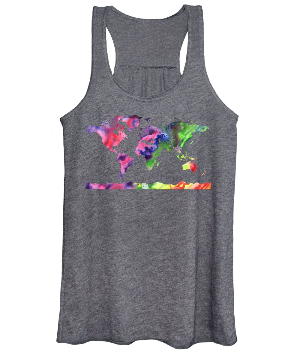 Purple Women's Tank Top featuring the painting Watercolor Silhouette World Map Colorful PNG XI by Irina Sztukowski