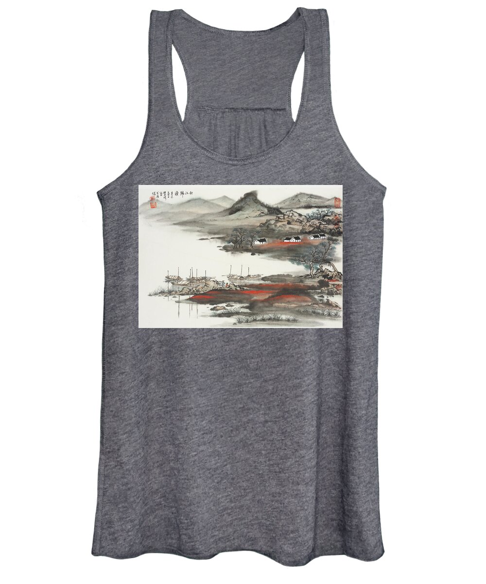 Chinese Watercolor Women's Tank Top featuring the painting Fisherman Bound for Home After a Successful Day on the Qiuji River by Jenny Sanders