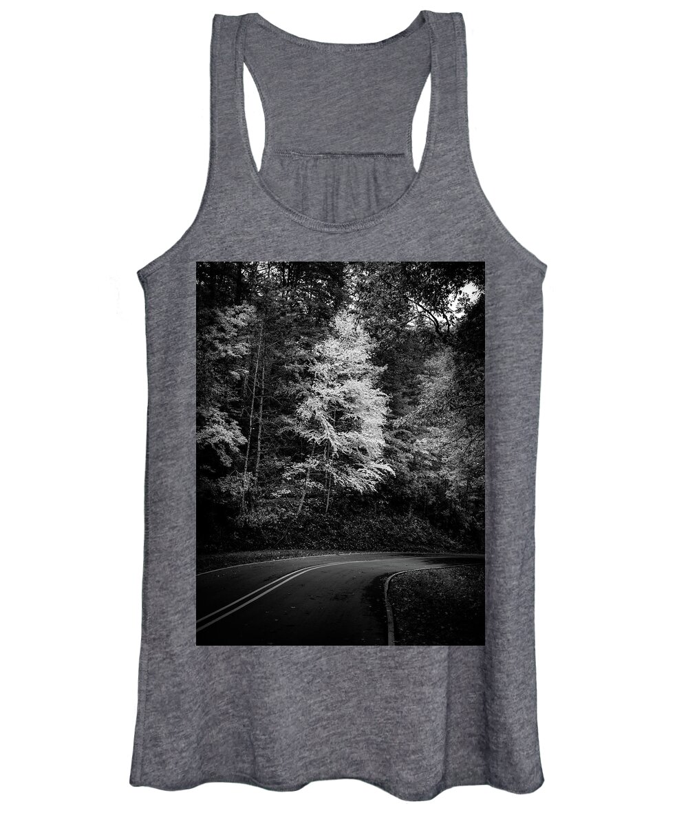 Cherokee County Women's Tank Top featuring the photograph Yellow Tree In The Curve In Black and White by Greg and Chrystal Mimbs