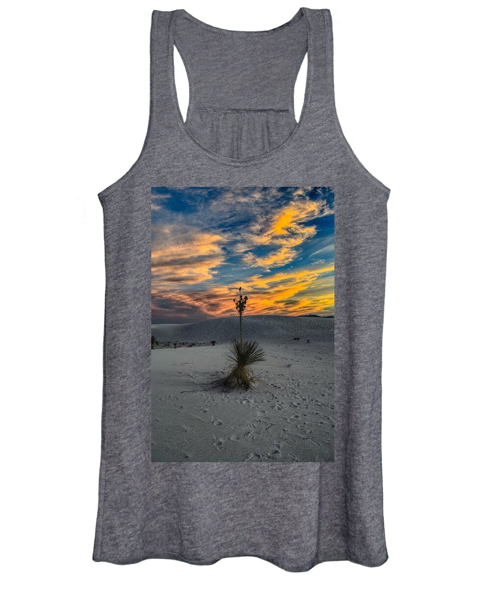 White Sands Women's Tank Top featuring the photograph Yucca Sunset Skies at White Sands, New Mexico by Chance Kafka