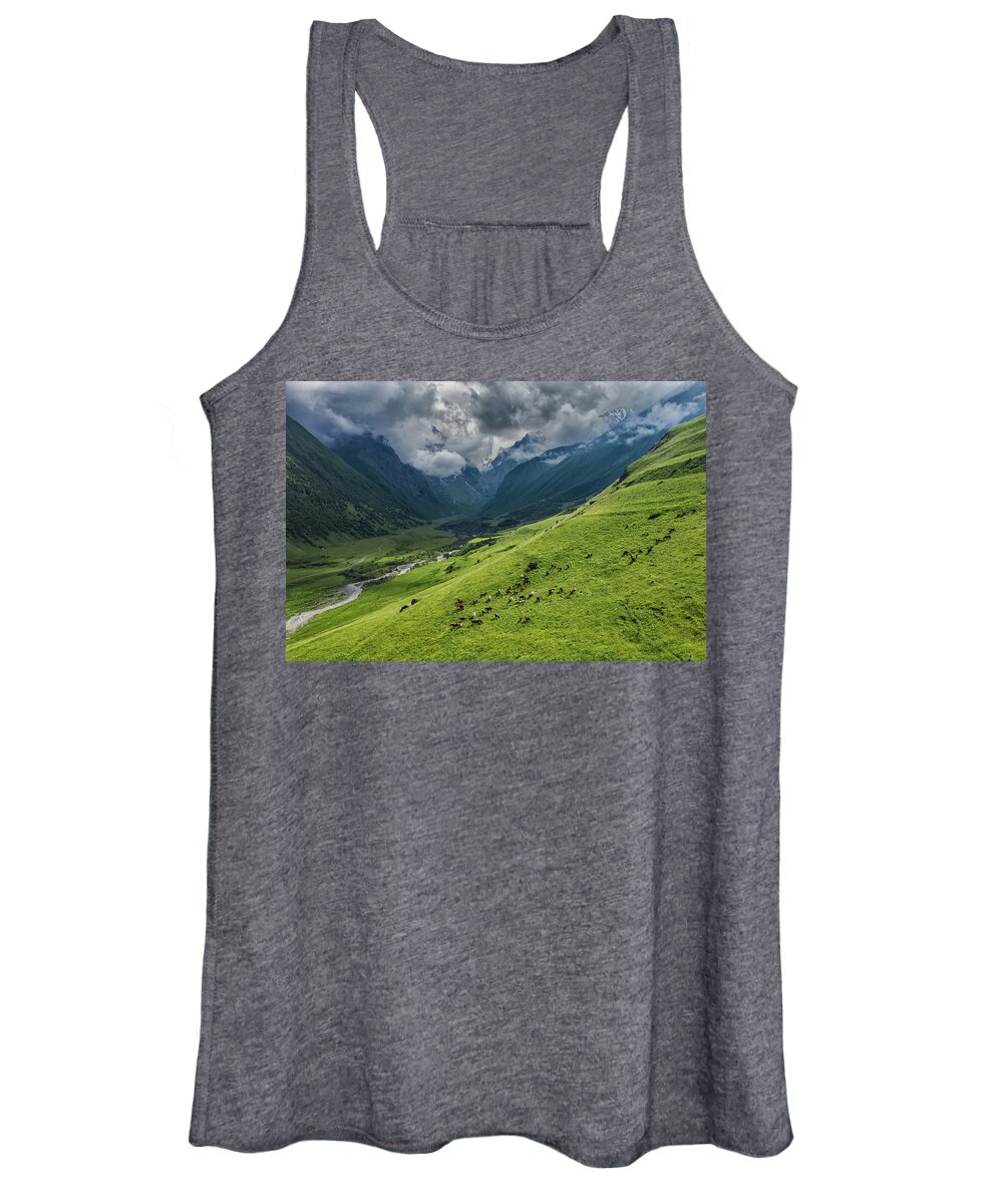 Mountain Women's Tank Top featuring the photograph Herd Of Horses Grazing On Slope Meadow #1 by Mikhail Kokhanchikov