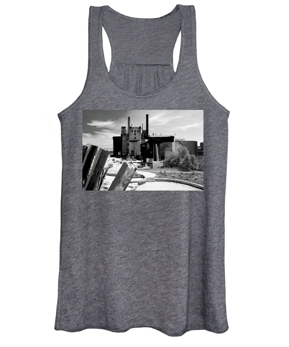 Architecture Women's Tank Top featuring the photograph Industrial Power Plant Architectural Landscape Black White by Patrick Malon