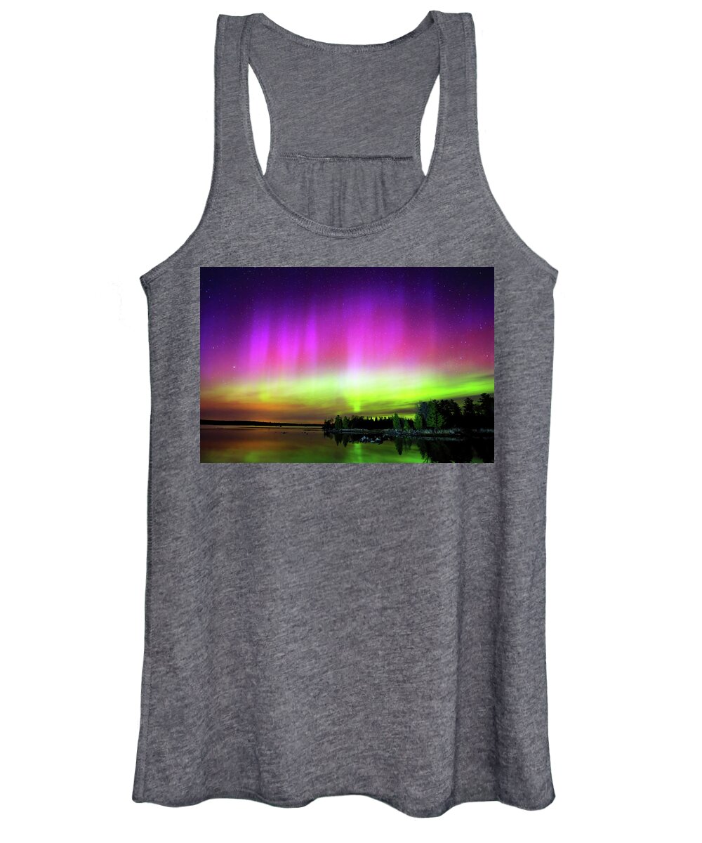 Northern Lights Women's Tank Top featuring the photograph Northern Lights over Boulder Lake #1 by Shixing Wen