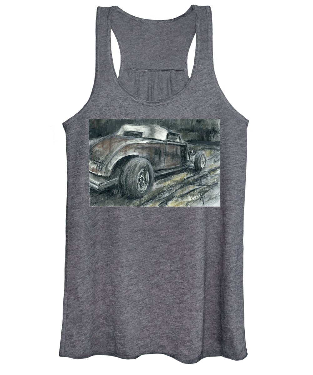 Ford Hot Rod Women's Tank Top featuring the drawing 1932 Ford Hot Rod Roadster Charcoal Sketch by David King Studio