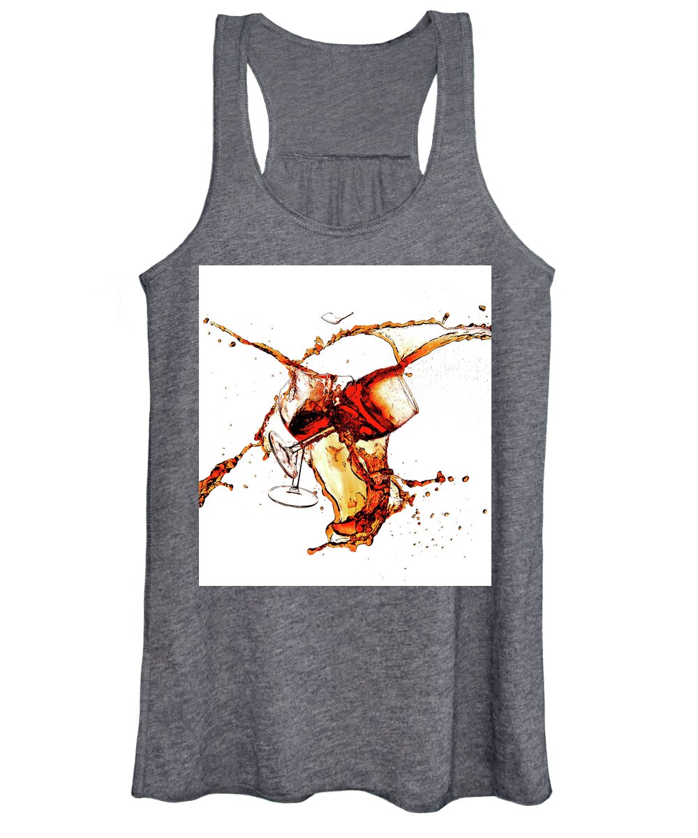Damaged Women's Tank Top featuring the photograph Broken wine glasses with wine splashes on a white background by Michalakis Ppalis