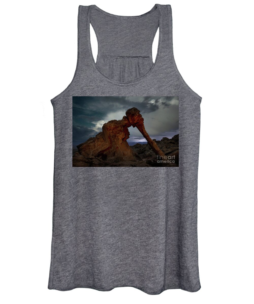 Thunder Storm; Milky Way; Star Trails; Night Photography; Light Painting; Desert Landscapes; Desert Southwest; Geology; Astrophotography; Elephant Rock; Landmark; Historical Landmark; Tranquil Scene; Travel Destinations; Usa; Ancient; Stone; Night; Color Image; Night Photography; Valley Of Fire; Nevada Women's Tank Top featuring the photograph Elephant Rock #2 by Keith Kapple