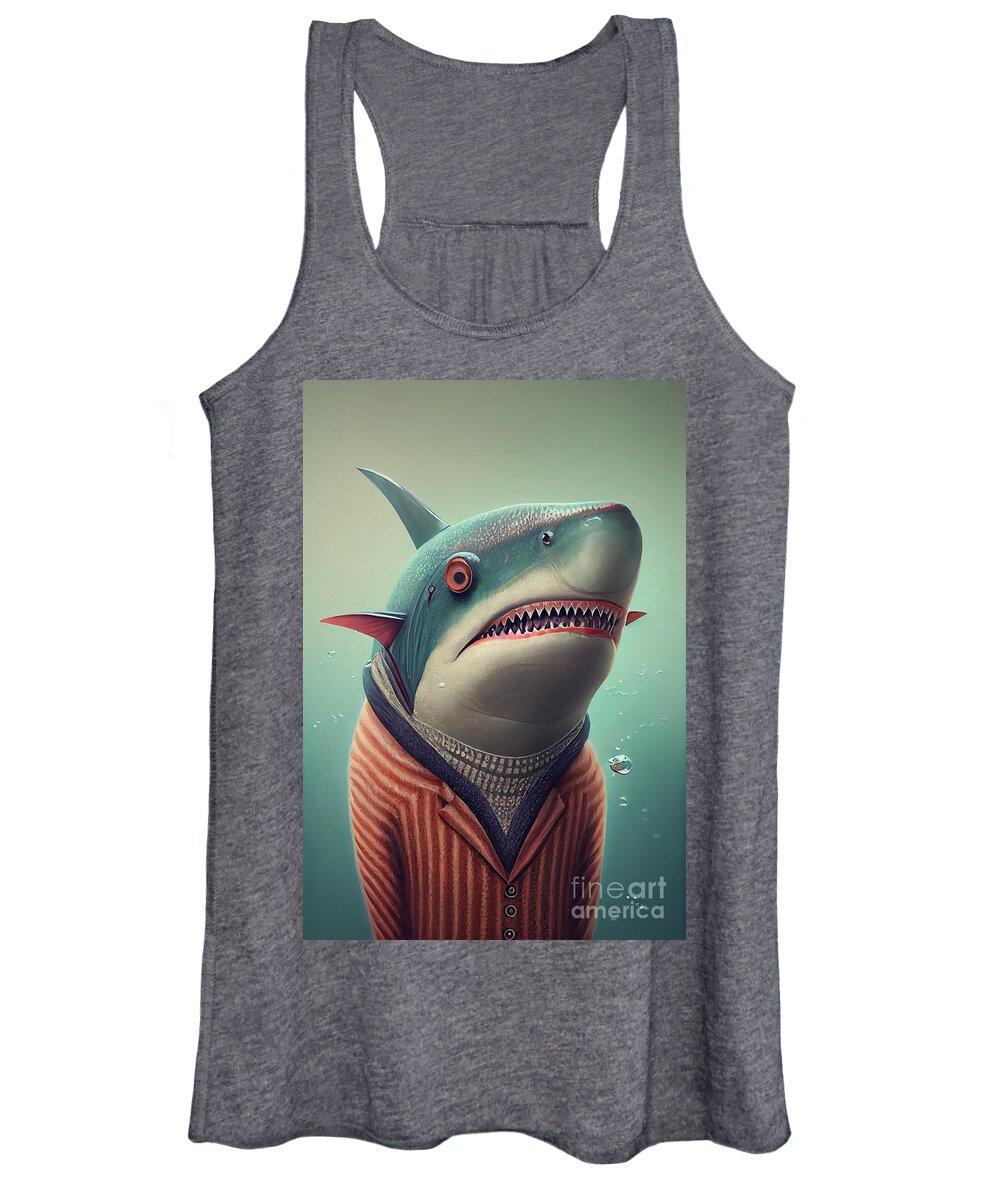 Shark Women's Tank Top featuring the painting Shark in Suit Watercolor Hipster Animal Retro Costume #2 by Jeff Creation