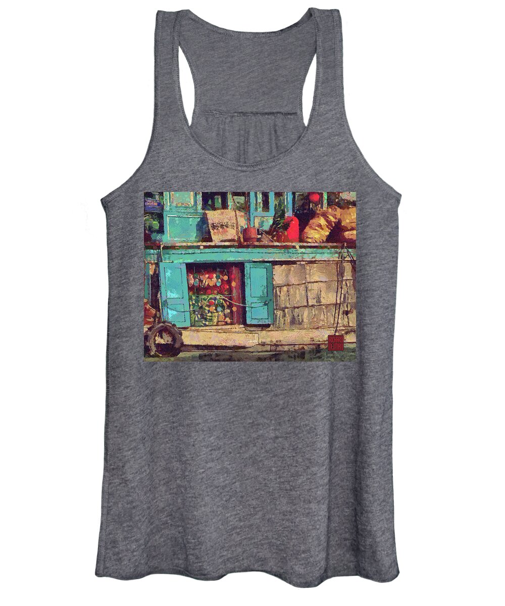 Abstract Women's Tank Top featuring the mixed media 577 Concrete Houseboat, Floating Market, Cai Rang, Vietnam by Richard Neuman Architectural Gifts