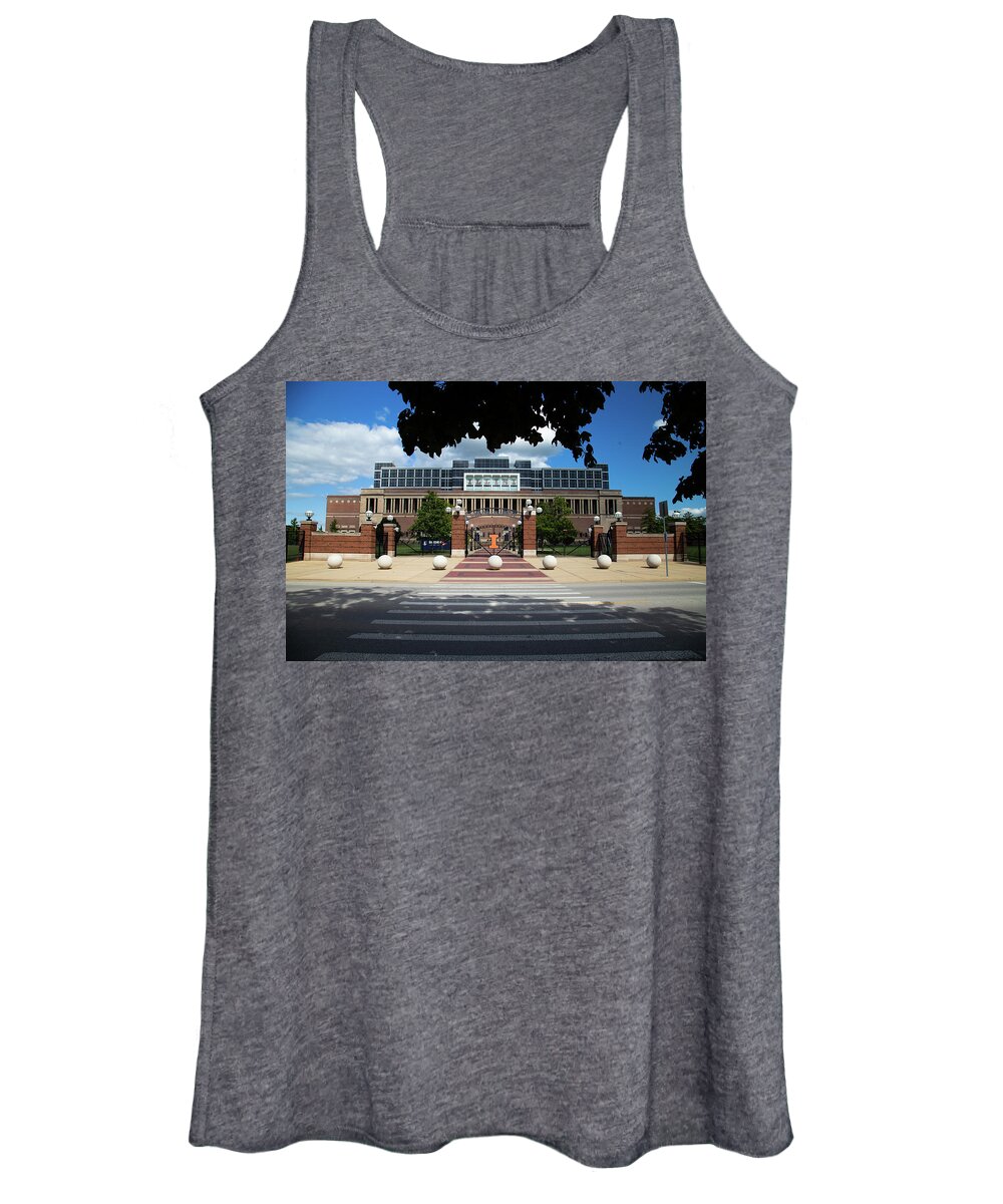 University Of Illinois Women's Tank Top featuring the photograph View with trees of Memorial Stadium at University of Illinois by Eldon McGraw