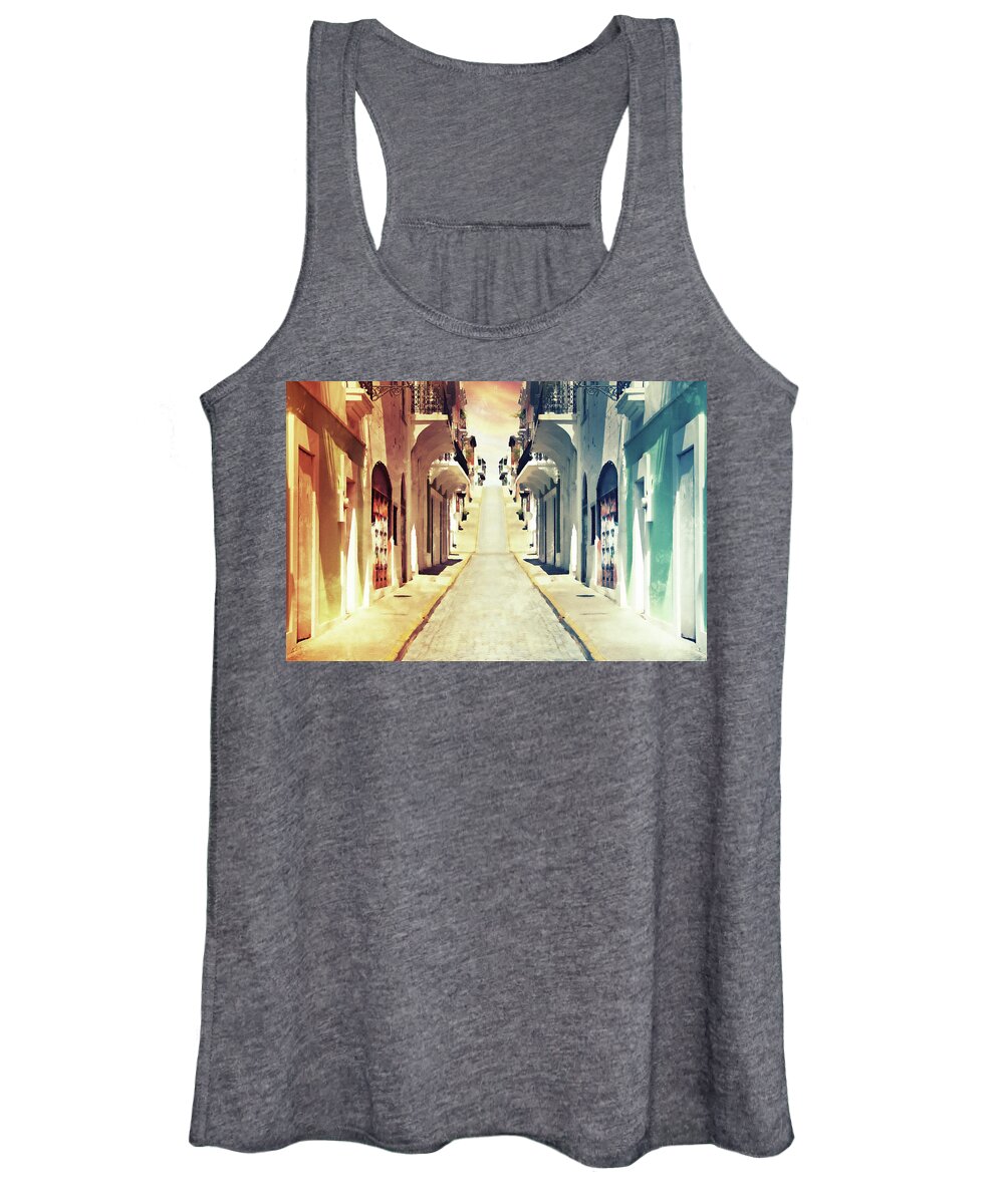 Long And Empty Street In Old San Jaun Women's Tank Top featuring the mixed media A long, empty street In Old San Jaun by Pheasant Run Gallery