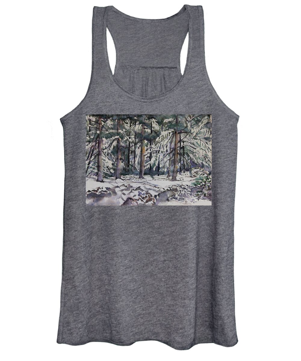 Aparnagallery Women's Tank Top featuring the painting A snowy thicket by Aparna Pottabathni