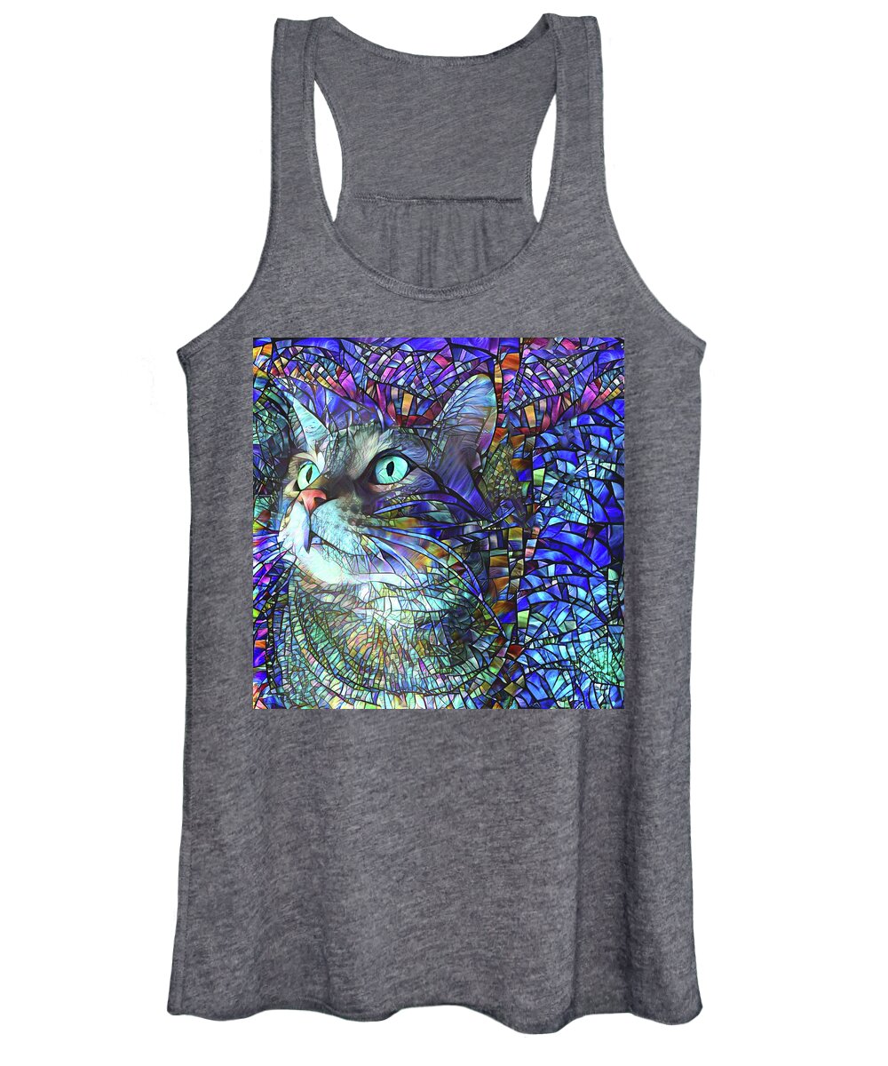 Cat Women's Tank Top featuring the digital art A Stained Glass Tabby Cat Named Jack by Peggy Collins