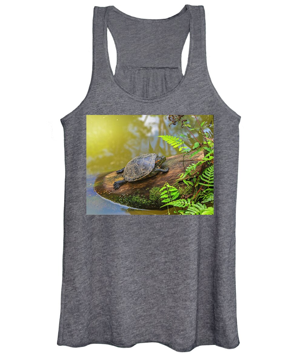 Ahuano Women's Tank Top featuring the photograph A terrapin Arrau turtle resting and sunbathing on a log by Henri Leduc