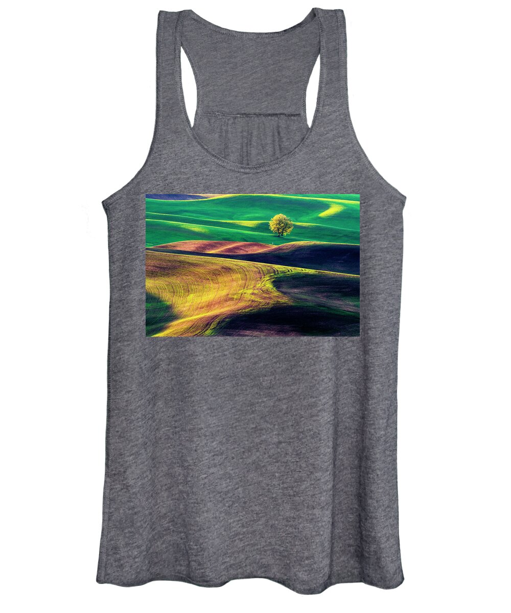 Palouse Women's Tank Top featuring the photograph A tree on rolling hills by Yoshiki Nakamura