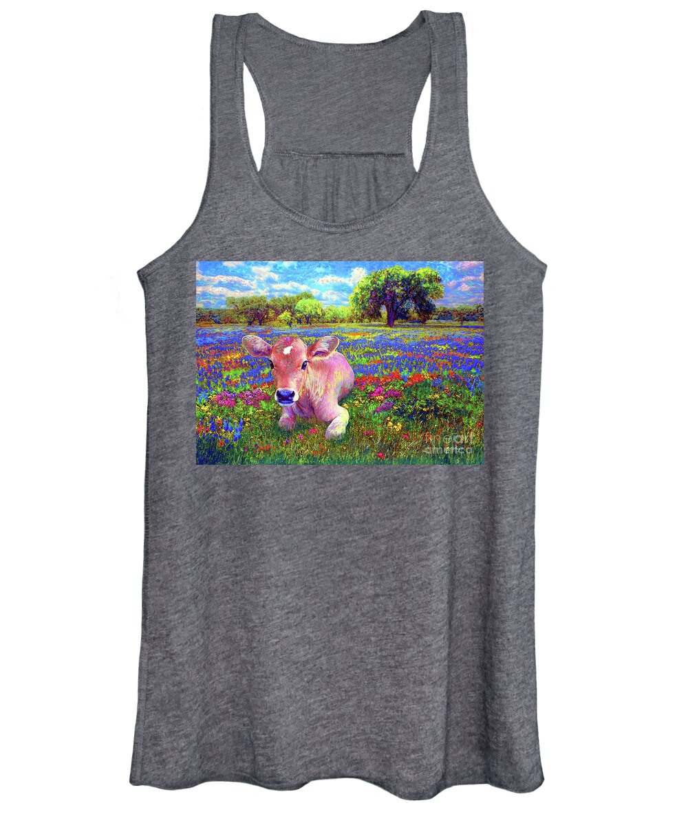 Floral Women's Tank Top featuring the painting A Very Content Cow by Jane Small