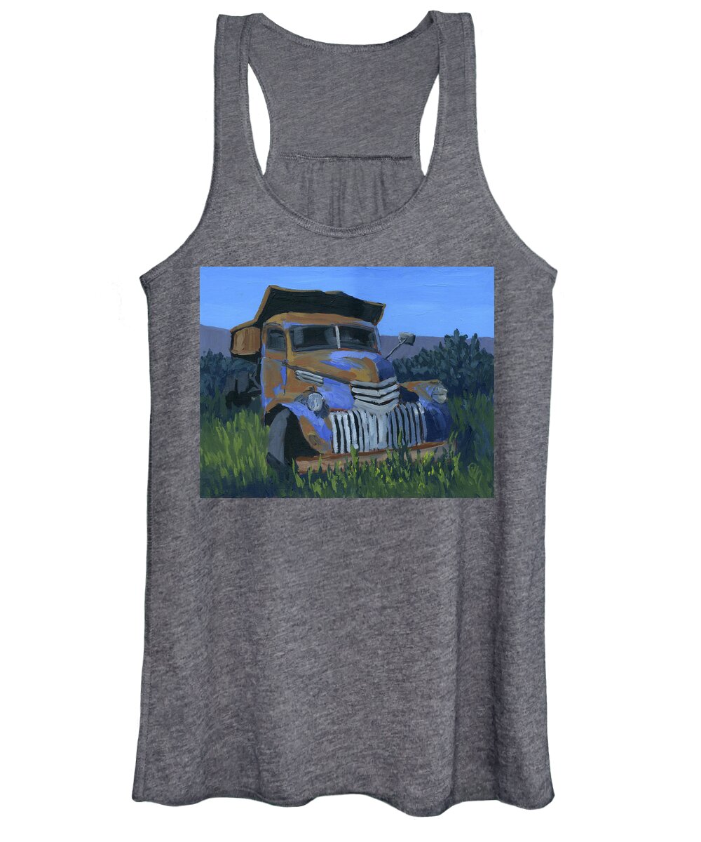Truck Women's Tank Top featuring the painting Abandoned Blue Chevy Dump Truck by David King Studio