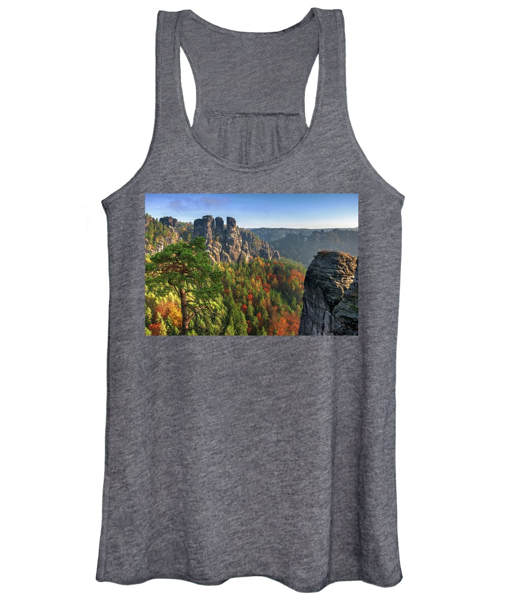 Saxon Switzerland Women's Tank Top featuring the photograph After sunrise on the Bastei rocks by Sun Travels