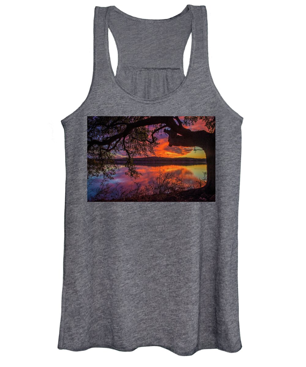 Texas Hill Country Women's Tank Top featuring the photograph Amazing Oak Sunset at Boerne City Lake by Lynn Bauer